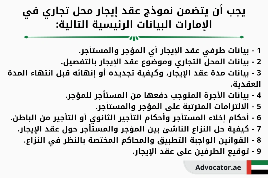 بنود نموذج عقد إيجار محل تجاري في الإمارات