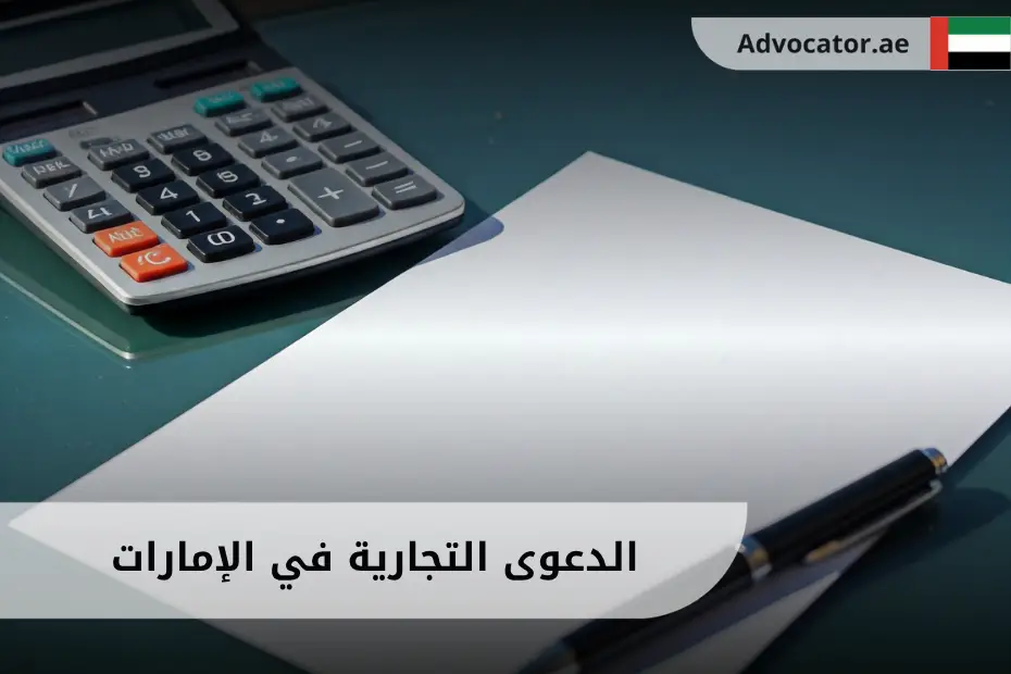 آلة حاسبة وأوراق قانونية على مكتب محاماة ترمز إلى الدعوى التجارية في الإمارات وإدارة القضايا التجارية بدقة قانونية.