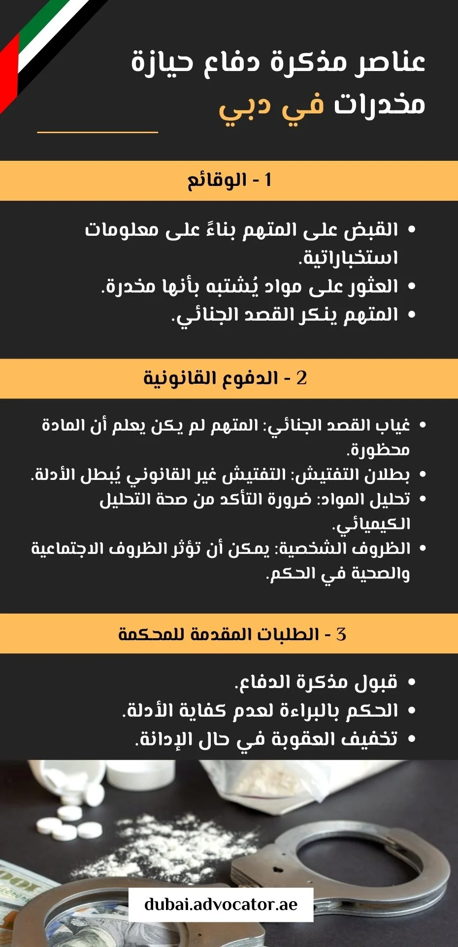 عناصر مذكرة دفاع حيازة مخدرات في دبي