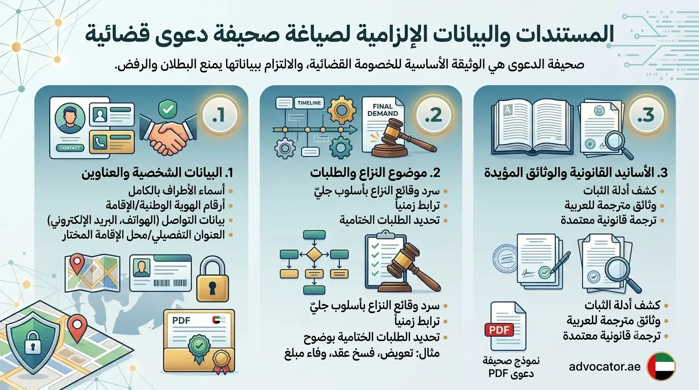 المستندات والبيانات الإلزامية لصياغة صحيفة دعوى قضائية