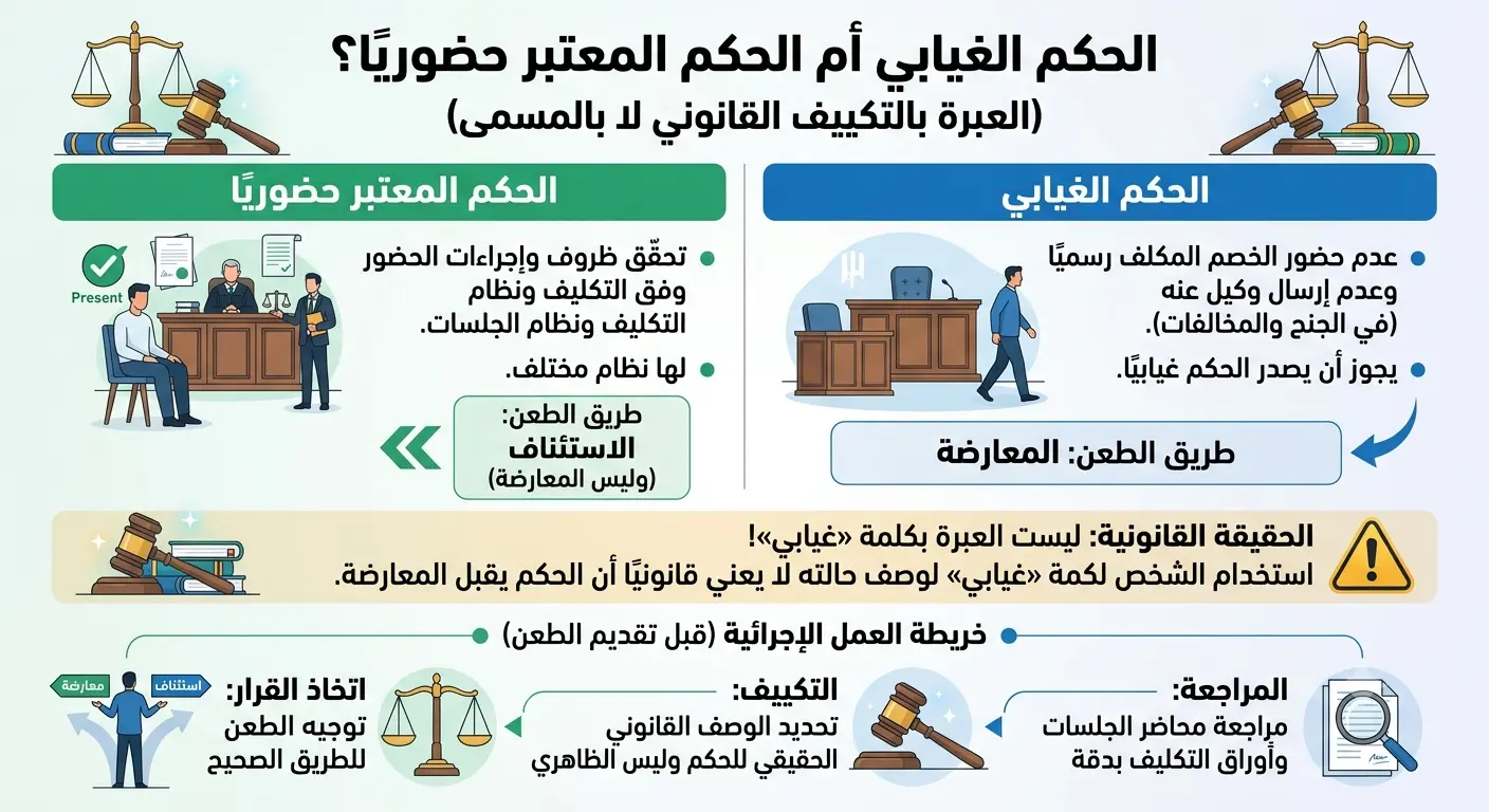 الفرق بين الحكم الغيابي والحكم المعتبر حضوريا