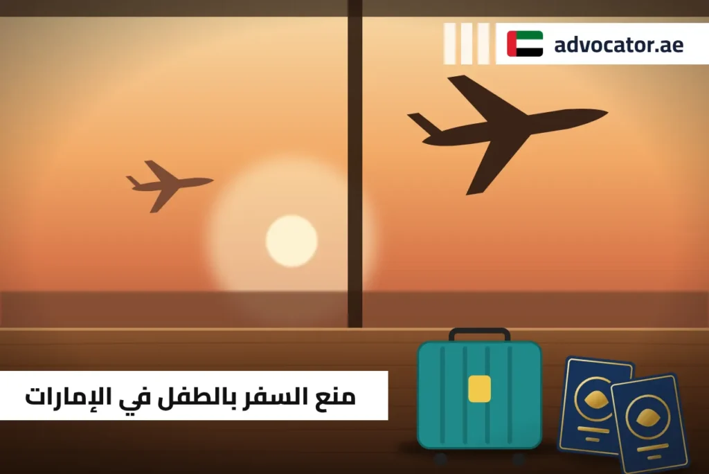 حقيبة سفر صغيرة وجوازات سفر أمام نافذة مطار وطائرة تعبّر عن منع السفر بالطفل في الإمارات