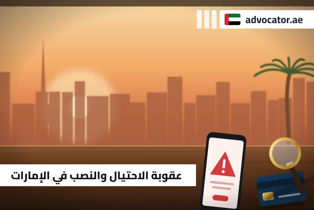 هاتف يعرض تحذير احتيال ومكبرة تمثل عقوبة الاحتيال والنصب في الإمارات