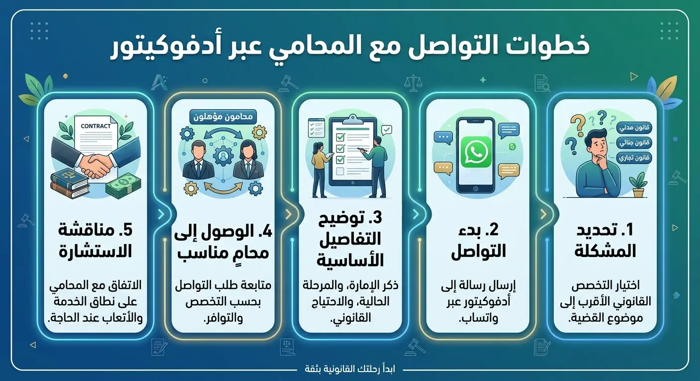 خطوات التواصل مع محامي مناسب عبر أدفوكيتور